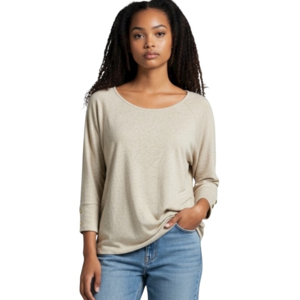 Fawn Heather tan Knit Sweater top ribbed round to boat neck nwt by Retrology NWT